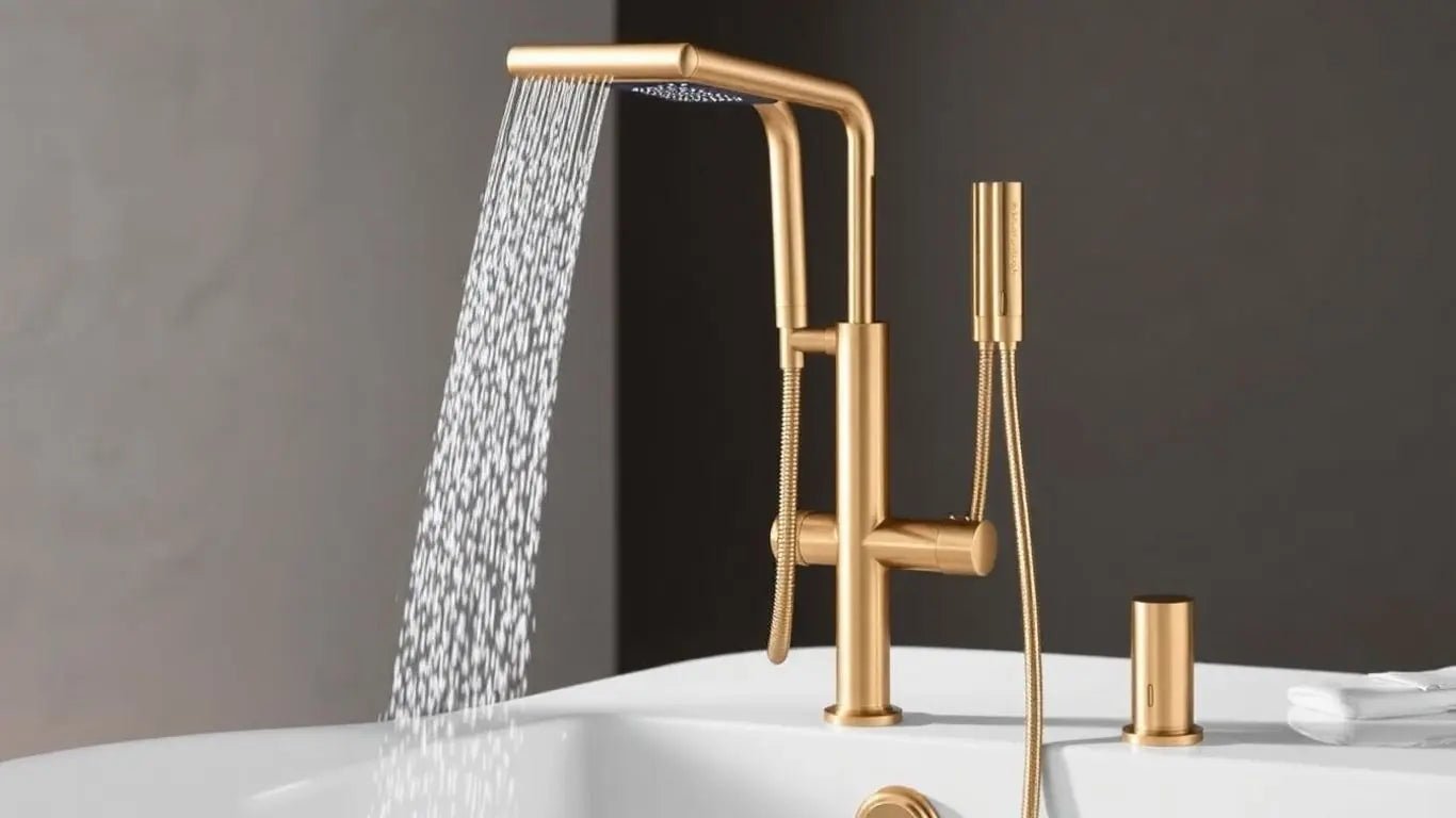 Elevate Your Bathroom with a Modern Brushed Brass Freestanding Bath Shower Mixer Tap - BathroomLux