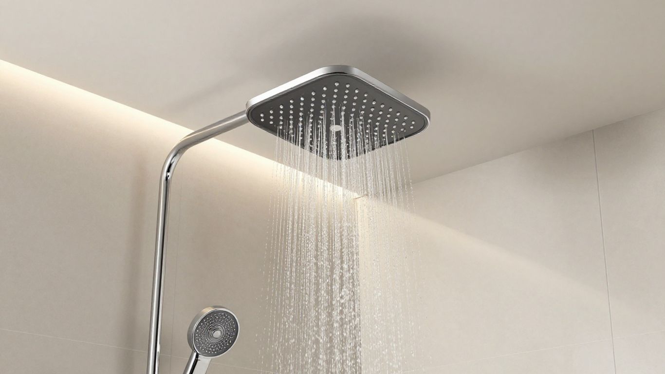 Modern ceiling mounted shower head with water falling.