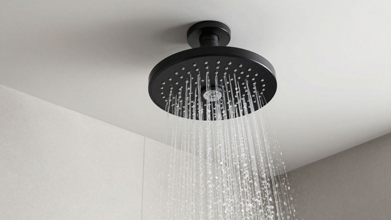 Sleek black ceiling-mounted rain shower head with water falling.