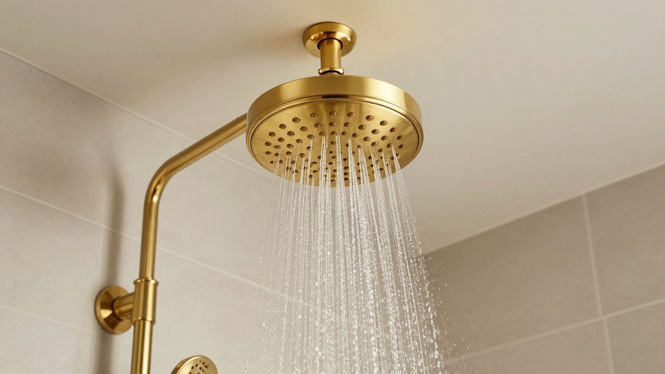 Brass ceiling shower head with cascading water.
