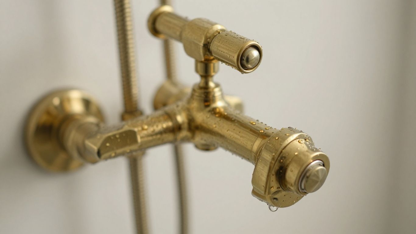 Polished thermostatic shower brass fixture with water droplets.