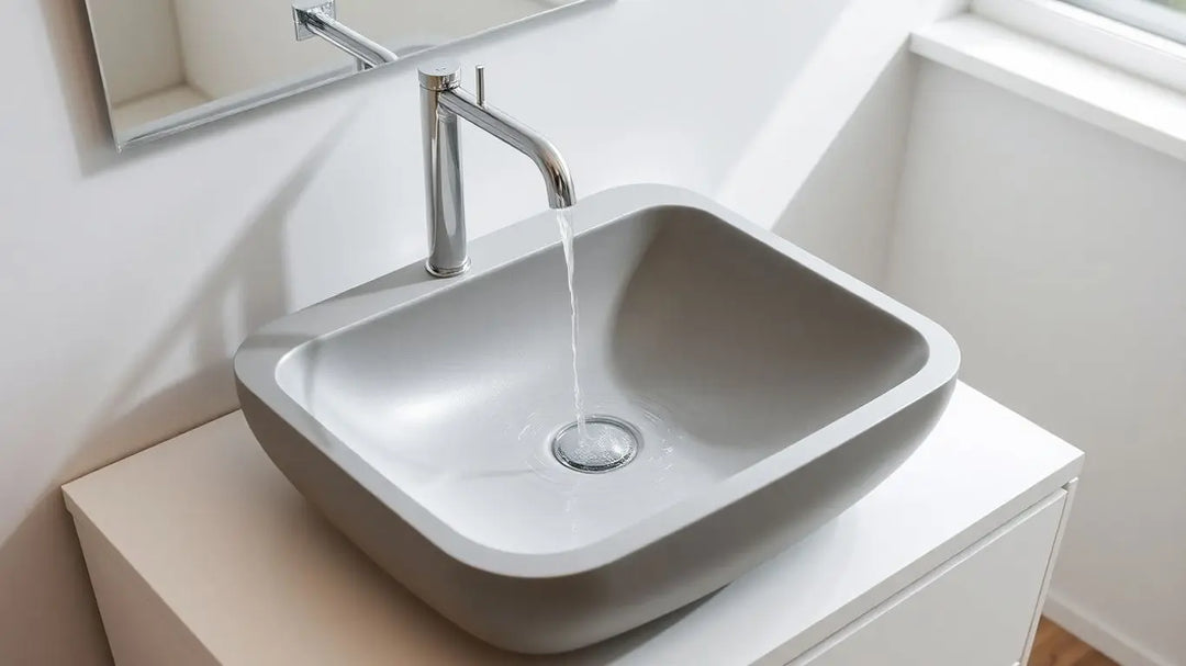 Modern concrete wash basin with flowing water.