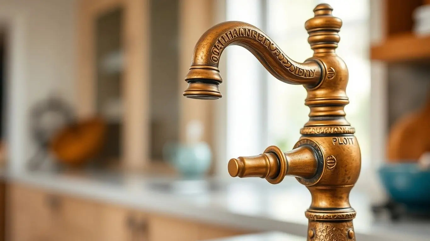 Antique brass tap in a modern kitchen setting.