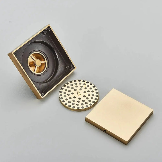 10x10cm Invisible Floor Drain – Brushed Gold & Matte Black Square Bathroom - Shower DrainsBathroomLux