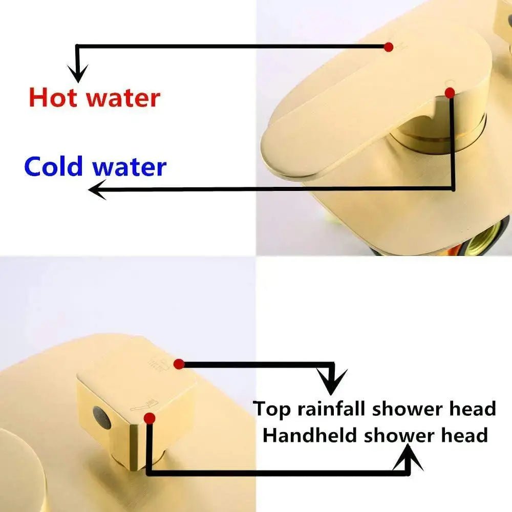 250mm Bathroom Brass Rainfall Shower System - Brushed Gold Ceiling - Concealed Dual Handles Rainfall Shower Head Combo SetBathroomLux