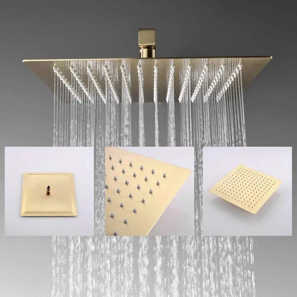 250mm Bathroom Brass Rainfall Shower System - Brushed Gold Ceiling - Concealed Dual Handles Rainfall Shower Head Combo SetBathroomLux