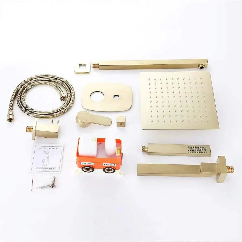 250mm Bathroom Brass Rainfall Shower System - Brushed Gold Ceiling - Concealed Dual Handles Rainfall Shower Head Combo SetBathroomLux