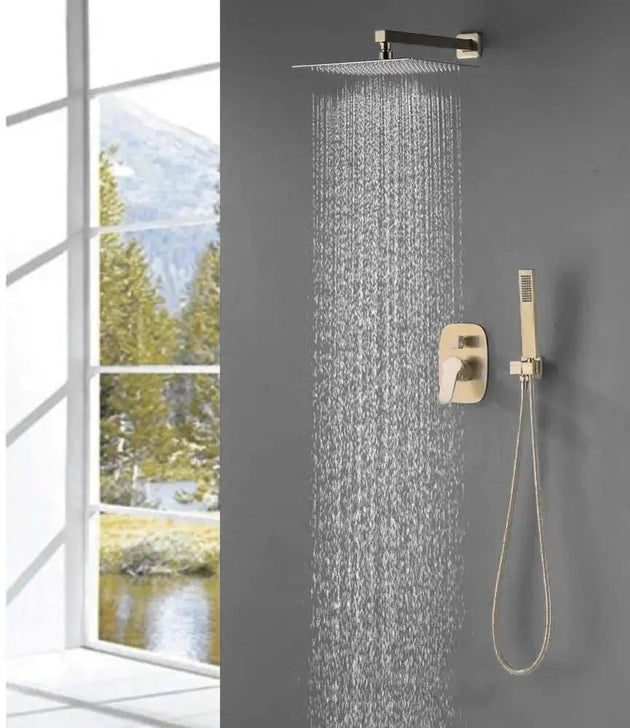 250mm Bathroom Brass Rainfall Shower System - Brushed Gold Ceiling - Concealed Dual Handles Rainfall Shower Head Combo SetBathroomLux