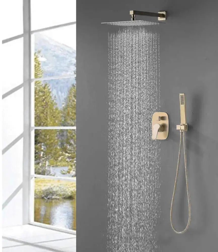 250mm Bathroom Brass Rainfall Shower System - Brushed Gold Ceiling - Concealed Dual Handles Rainfall Shower Head Combo SetBathroomLux