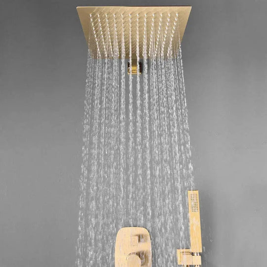 250mm Bathroom Brass Rainfall Shower System - Brushed Gold Ceiling - Concealed Dual Handles Rainfall Shower Head Combo SetBathroomLux