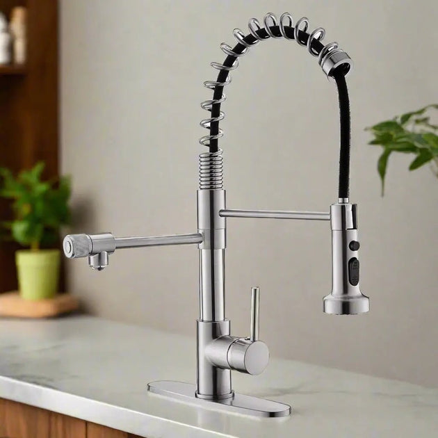 3 in 1 Brushed Nickel Brass Kitchen Mixer Tap with Rotating Spout - 3 Ways Kitchen Pull OutBathroomLux