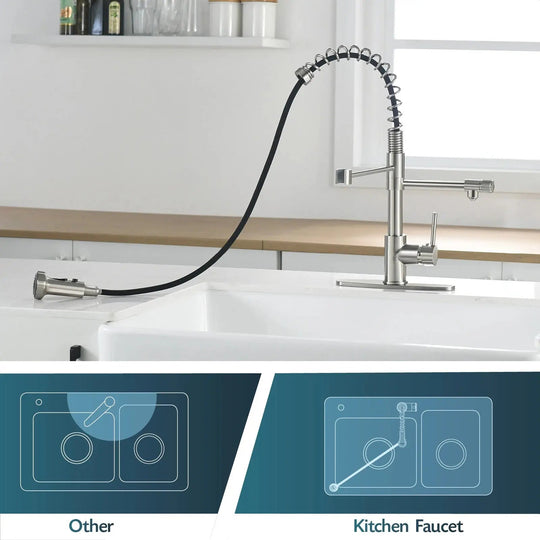 3 in 1 Brushed Nickel Brass Kitchen Mixer Tap with Rotating Spout - 3 Ways Kitchen Pull OutBathroomLux