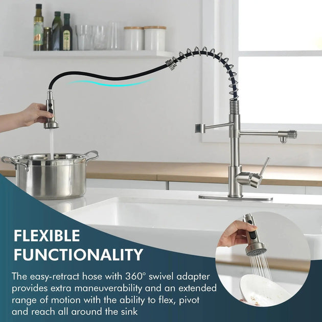 3 in 1 Brushed Nickel Brass Kitchen Mixer Tap with Rotating Spout - 3 Ways Kitchen Pull OutBathroomLux