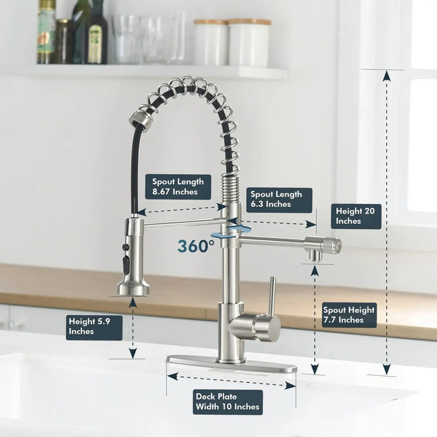 3 in 1 Brushed Nickel Brass Kitchen Mixer Tap with Rotating Spout - 3 Ways Kitchen Pull OutBathroomLux