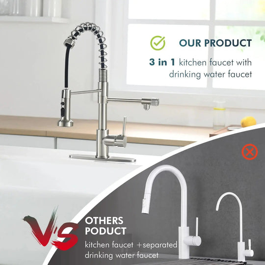 3 in 1 Brushed Nickel Brass Kitchen Mixer Tap with Rotating Spout - 3 Ways Kitchen Pull OutBathroomLux