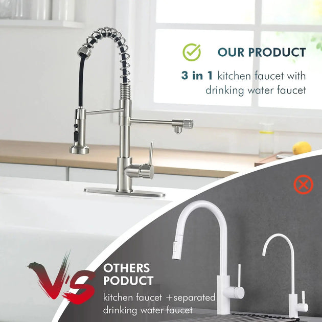 3 in 1 Brushed Nickel Brass Kitchen Mixer Tap with Rotating Spout - 3 Ways Kitchen Pull OutBathroomLux