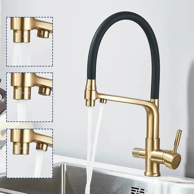 3 - Way Brushed Gold Kitchen Faucet with Pull - Out Spray – Water Purifier Function - 3 Ways Kitchen Pull OutBathroomLux