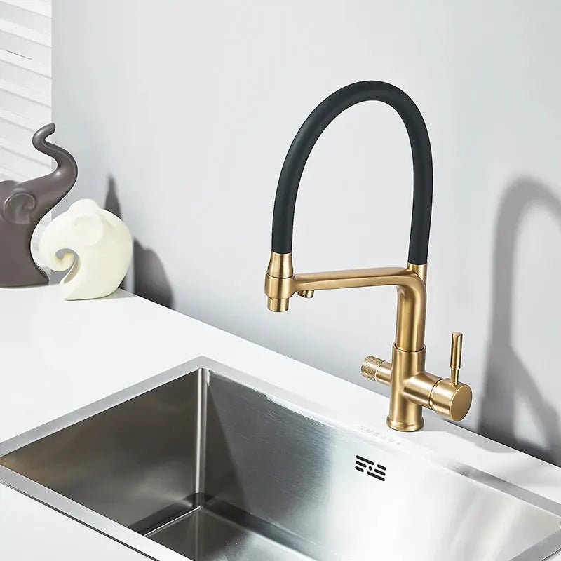 3 - Way Brushed Gold Kitchen Faucet with Pull - Out Spray – Water Purifier Function - 3 Ways Kitchen Pull OutBathroomLux