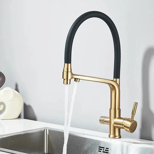 3 - Way Brushed Gold Kitchen Faucet with Pull - Out Spray – Water Purifier Function - 3 Ways Kitchen Pull OutBathroomLux