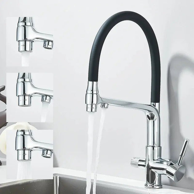 3 - Way Brushed Gold Kitchen Faucet with Pull - Out Spray – Water Purifier Function - 3 Ways Kitchen Pull OutBathroomLux