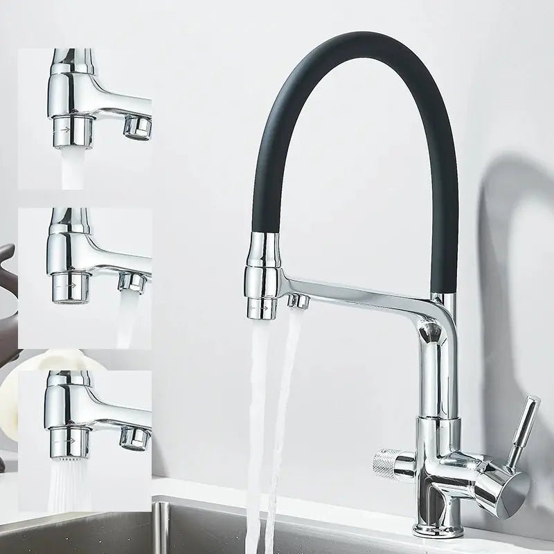 3 - Way Brushed Gold Kitchen Faucet with Pull - Out Spray – Water Purifier Function - 3 Ways Kitchen Pull OutBathroomLux