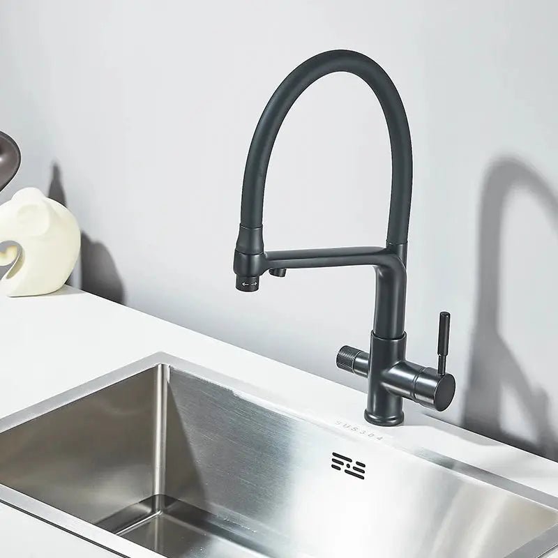 3 - Way Brushed Gold Kitchen Faucet with Pull - Out Spray – Water Purifier Function - 3 Ways Kitchen Pull OutBathroomLux