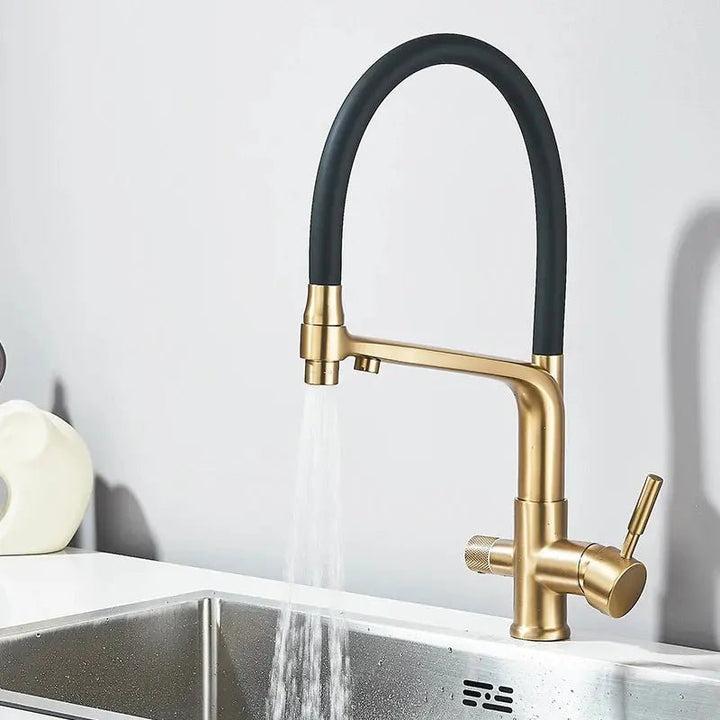 3 - Way Brushed Gold Kitchen Faucet with Pull - Out Spray – Water Purifier Function - 3 Ways Kitchen Pull OutBathroomLux