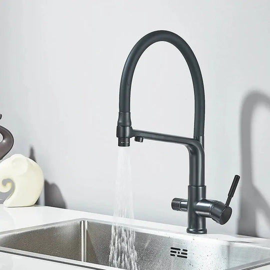 3 - Way Brushed Gold Kitchen Faucet with Pull - Out Spray – Water Purifier Function - 3 Ways Kitchen Pull OutBathroomLux