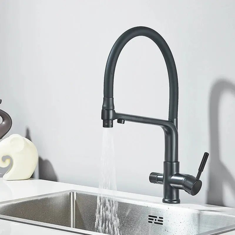 3 - Way Brushed Gold Kitchen Faucet with Pull - Out Spray – Water Purifier Function - 3 Ways Kitchen Pull OutBathroomLux