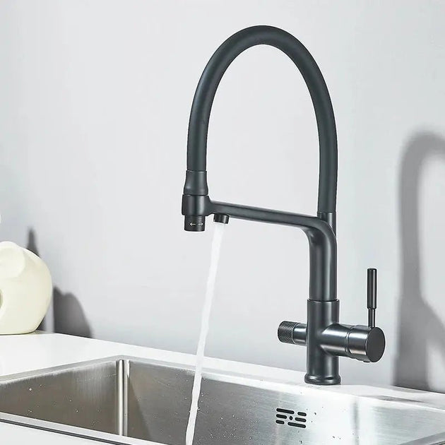 3 - Way Brushed Gold Kitchen Faucet with Pull - Out Spray – Water Purifier Function - 3 Ways Kitchen Pull OutBathroomLux