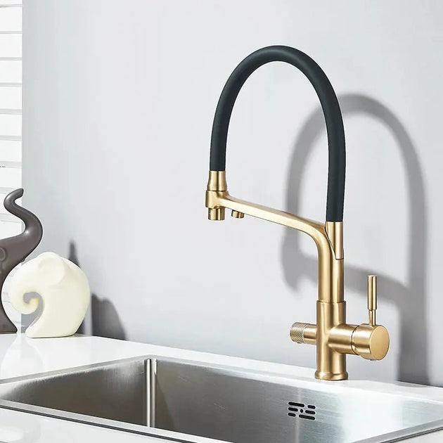 3 - Way Brushed Gold Kitchen Faucet with Pull - Out Spray – Water Purifier Function - 3 Ways Kitchen Pull OutBathroomLux