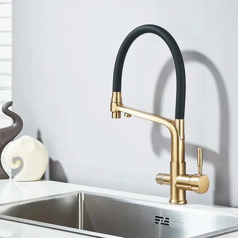 3 - Way Brushed Gold Kitchen Faucet with Pull - Out Spray – Water Purifier Function - 3 Ways Kitchen Pull OutBathroomLux