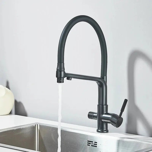 3 - Way Brushed Gold Kitchen Faucet with Pull - Out Spray – Water Purifier Function - 3 Ways Kitchen Pull OutBathroomLux