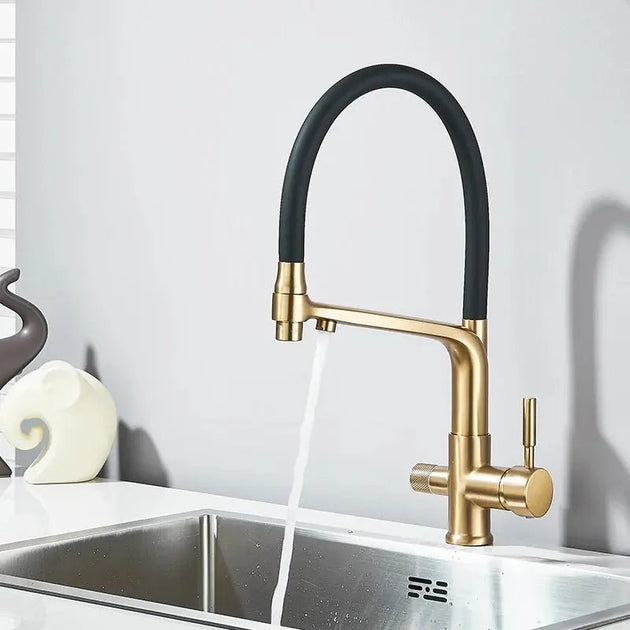 3 - Way Brushed Gold Kitchen Faucet with Pull - Out Spray – Water Purifier Function - 3 Ways Kitchen Pull OutBathroomLux