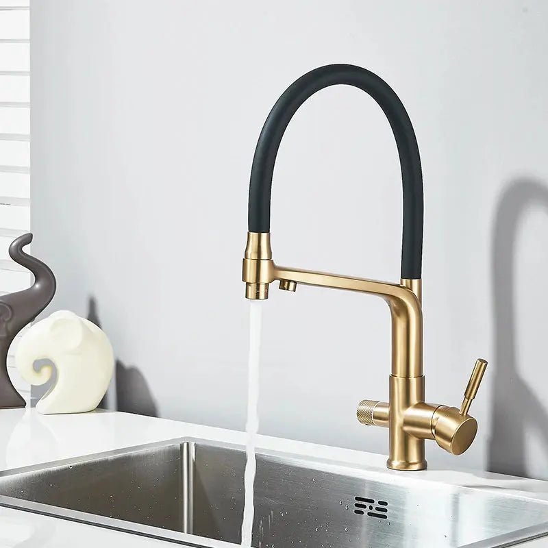 3 - Way Brushed Gold Kitchen Faucet with Pull - Out Spray – Water Purifier Function - 3 Ways Kitchen Pull OutBathroomLux