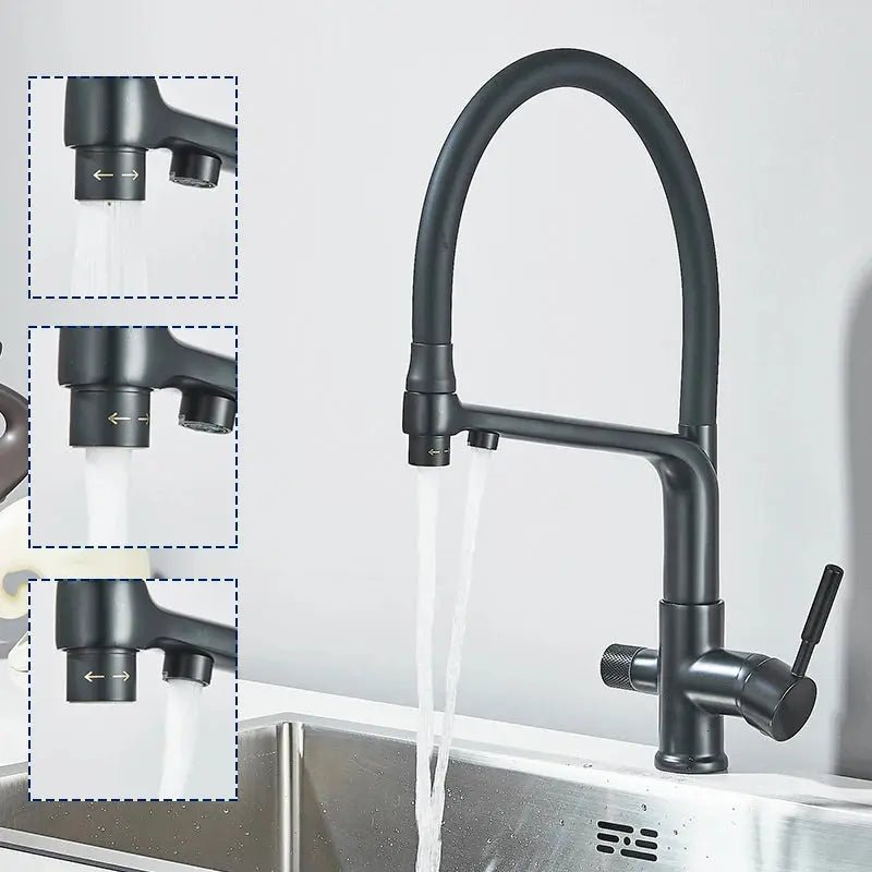 3 - Way Brushed Gold Kitchen Faucet with Pull - Out Spray – Water Purifier Function - 3 Ways Kitchen Pull OutBathroomLux
