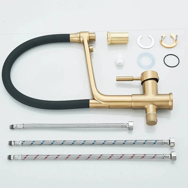 3 - Way Brushed Gold Kitchen Faucet with Pull - Out Spray – Water Purifier Function - 3 Ways Kitchen Pull OutBathroomLux