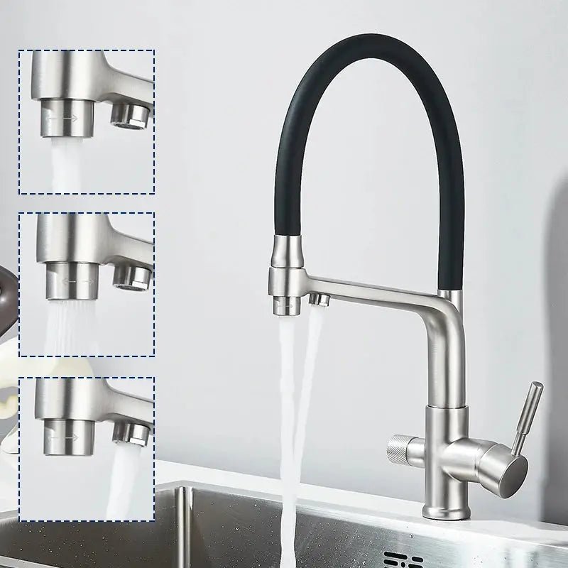 3 - Way Brushed Gold Kitchen Faucet with Pull - Out Spray – Water Purifier Function - 3 Ways Kitchen Pull OutBathroomLux
