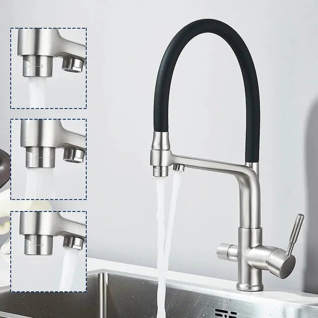 3 - Way Brushed Gold Kitchen Faucet with Pull - Out Spray – Water Purifier Function - 3 Ways Kitchen Pull OutBathroomLux