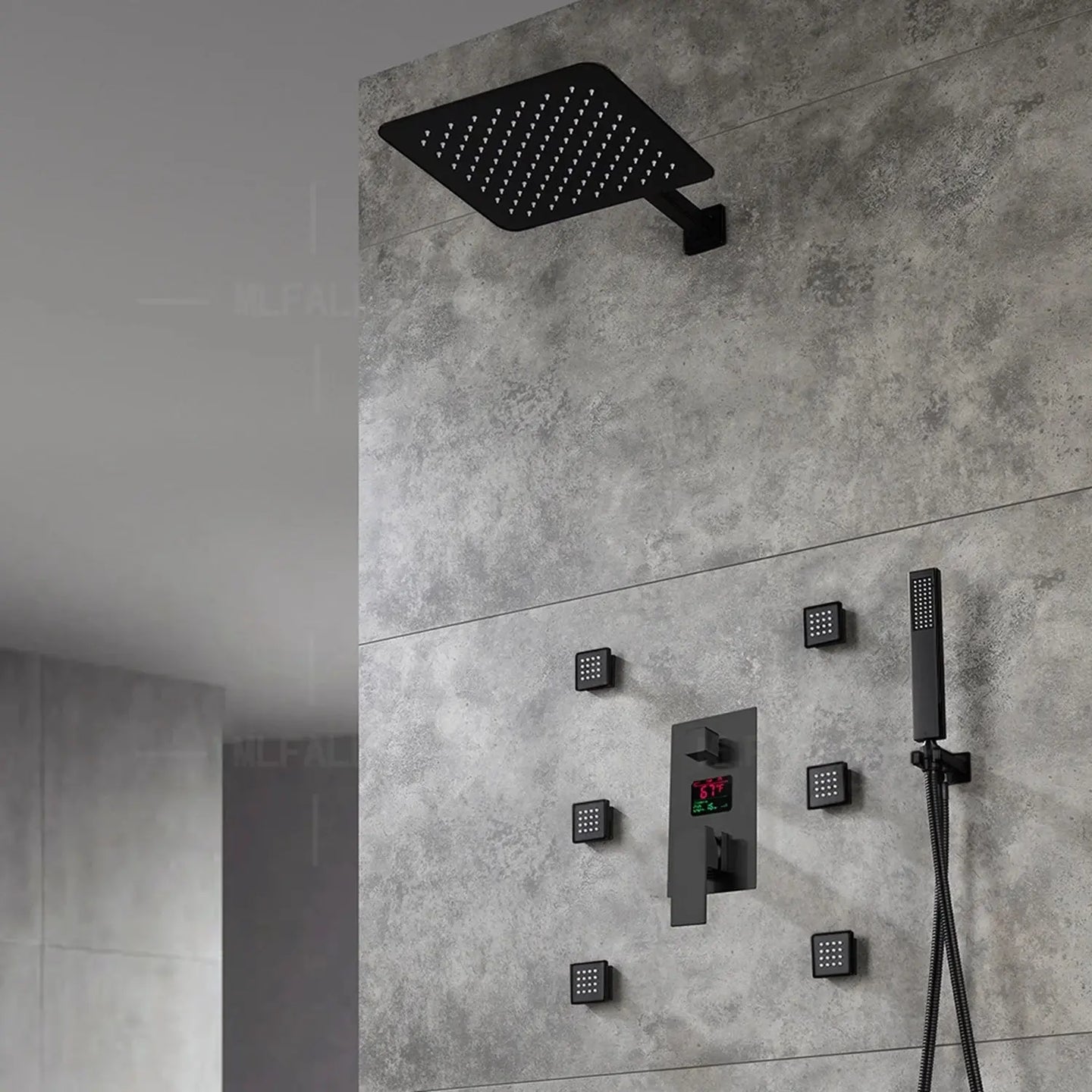 300mm Matte Black Rainfall Ceiling Shower Digital Thermostatic Concealed Set - Black shower Concealed SetBathroomLux
