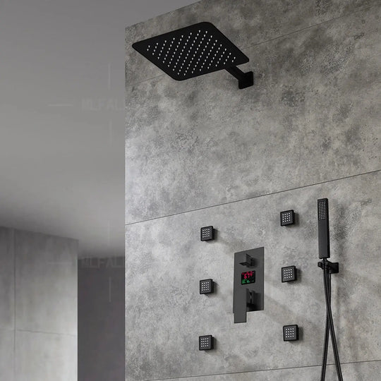 300mm Matte Black Rainfall Ceiling Shower Digital Thermostatic Concealed Set - Black shower Concealed SetBathroomLux
