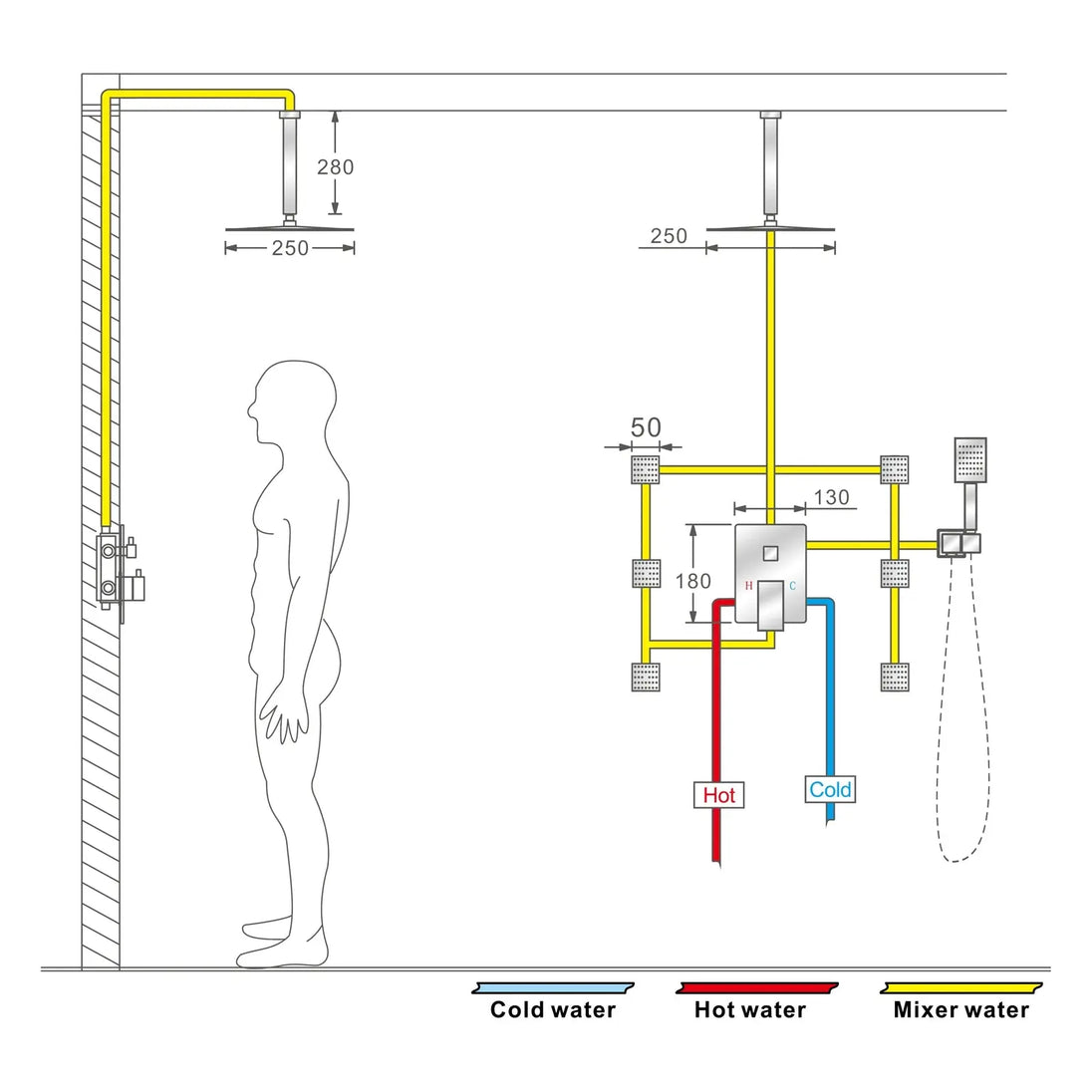 300mm Matte Black Rainfall Ceiling Shower Digital Thermostatic Concealed Set - Black shower Concealed SetBathroomLux