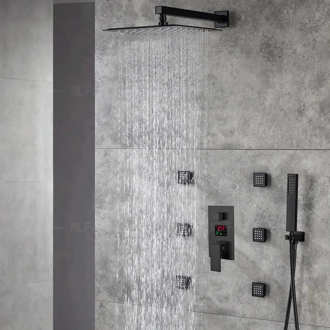 300mm Matte Black Rainfall Ceiling Shower Digital Thermostatic Concealed Set - Black shower Concealed SetBathroomLux