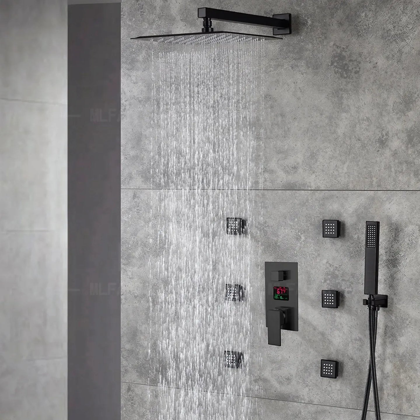 300mm Matte Black Rainfall Ceiling Shower Digital Thermostatic Concealed Set - Black shower Concealed SetBathroomLux