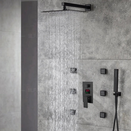 300mm Matte Black Rainfall Ceiling Shower Digital Thermostatic Concealed Set - Black shower Concealed SetBathroomLux