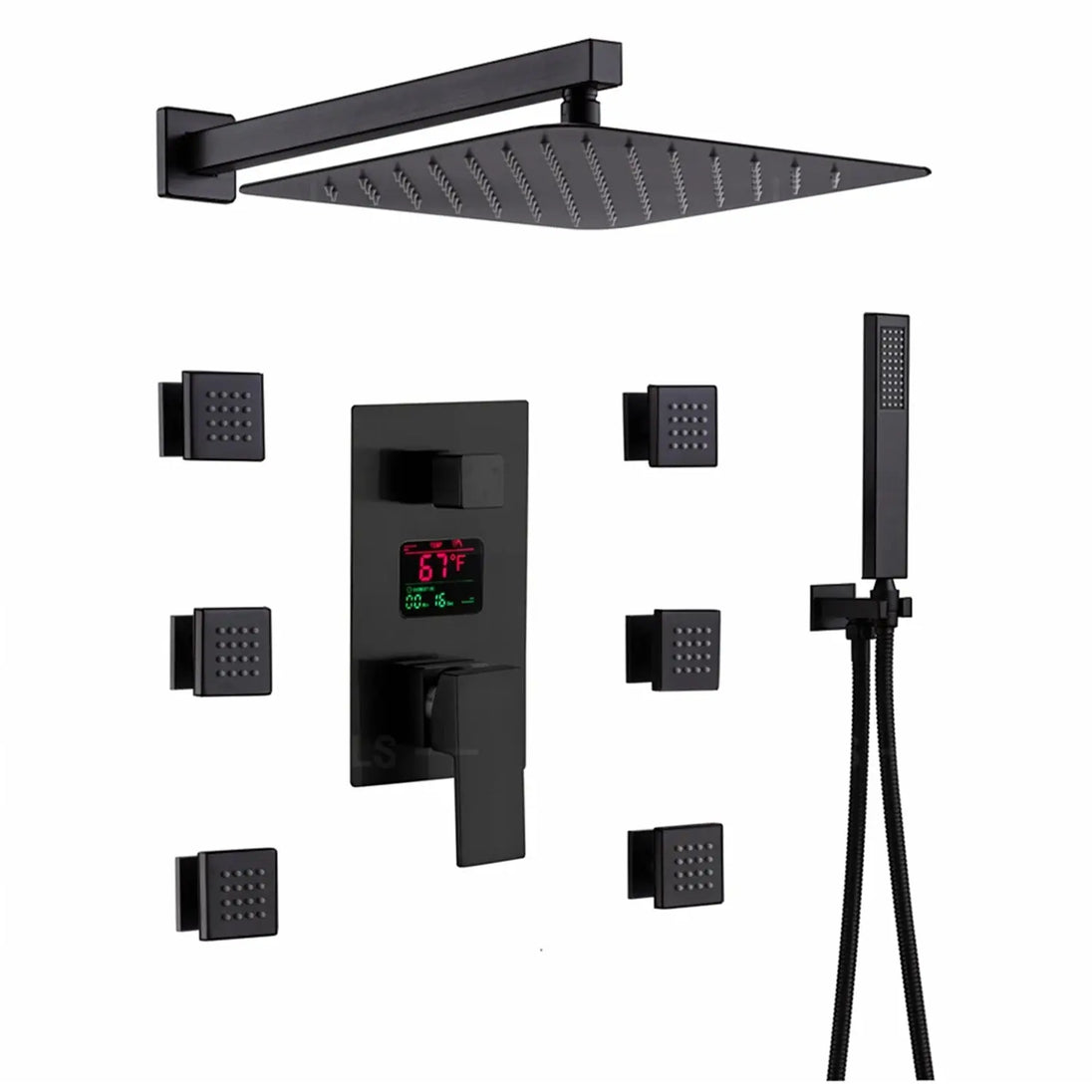 300mm Matte Black Rainfall Ceiling Shower Digital Thermostatic Concealed Set - Black shower Concealed SetBathroomLux