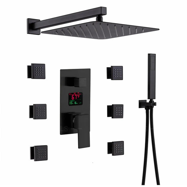300mm Matte Black Rainfall Ceiling Shower Digital Thermostatic Concealed Set - Black shower Concealed SetBathroomLux