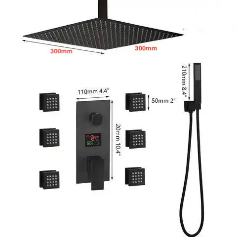 300mm Matte Black Rainfall Ceiling Shower Digital Thermostatic Concealed Set - Black shower Concealed SetBathroomLux