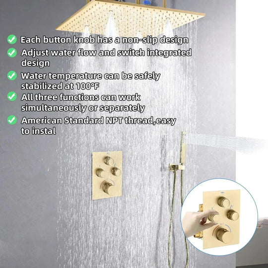 40cm Brushed Nickel Rain & Fog Shower System – Thermostatic Valve + Handheld Spray - Concealed Rain Shower SystemBathroomLux