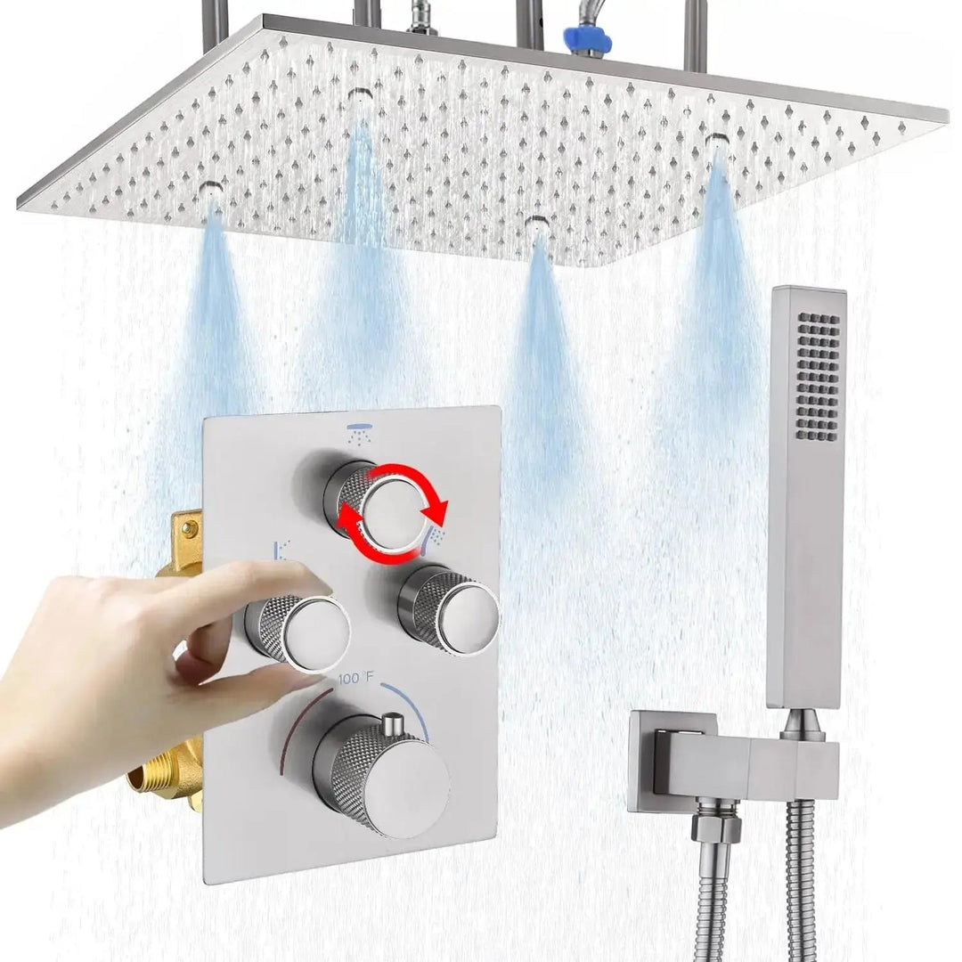 40cm Brushed Nickel Rain & Fog Shower System – Thermostatic Valve + Handheld Spray - Concealed Rain Shower SystemBathroomLux